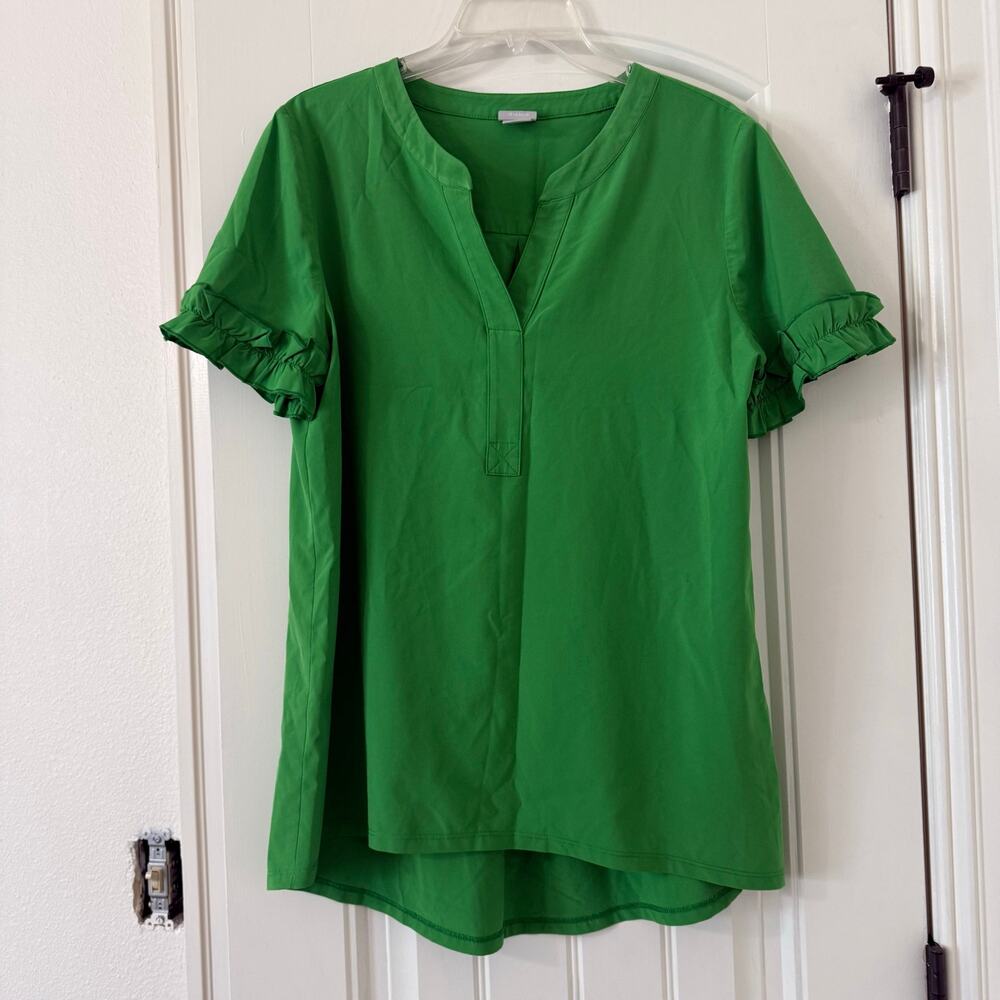 Chico’s Zenergy Green Ruffle Short Sleeve Popover Top Blouse Womens 1 US 8-10